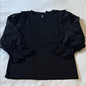 J. Crew knit black top with 3/4 eyelet sleeves, size Large